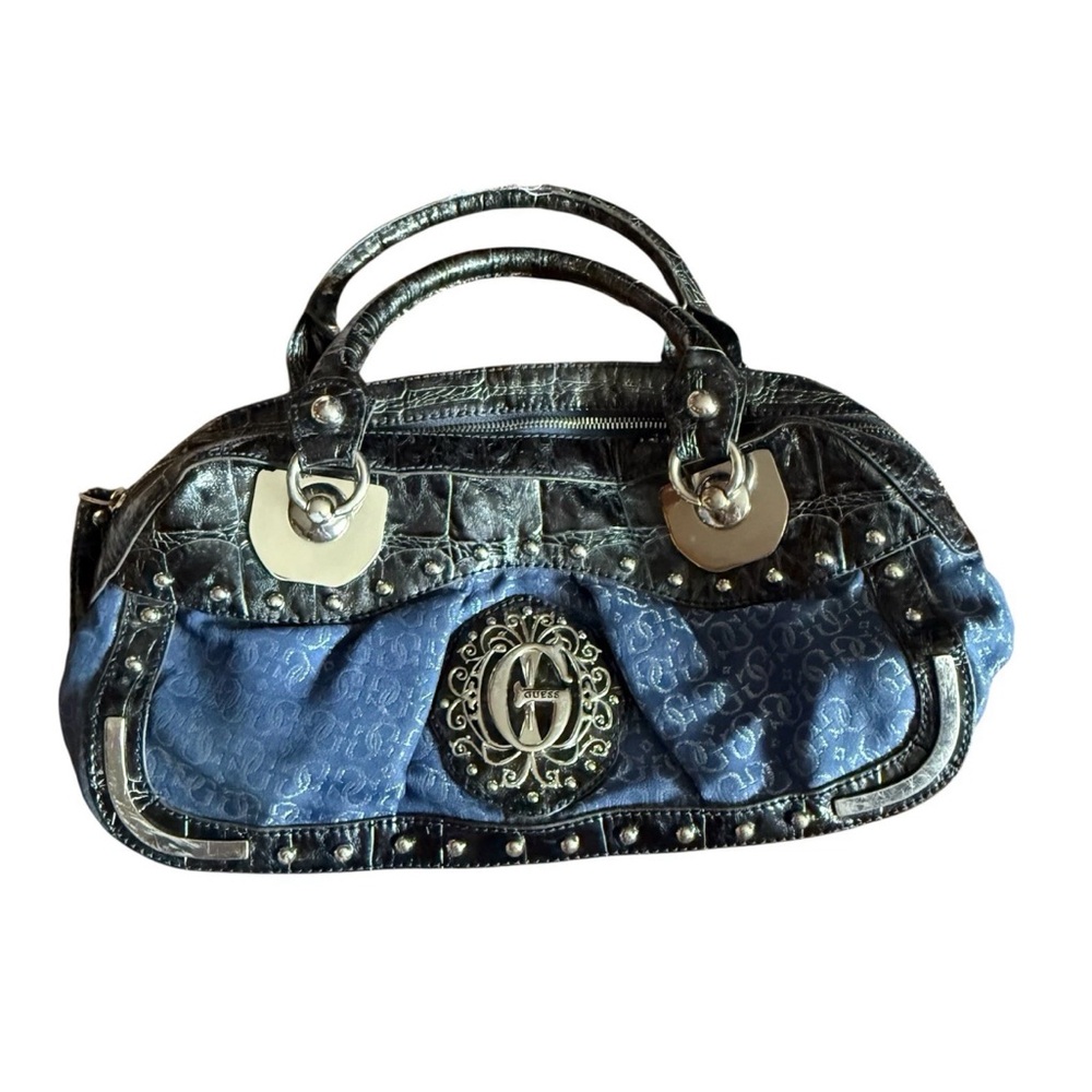 Y2K GUESS Handbag – Blue Monogram & Croc Embossed Satchel with Studded Details